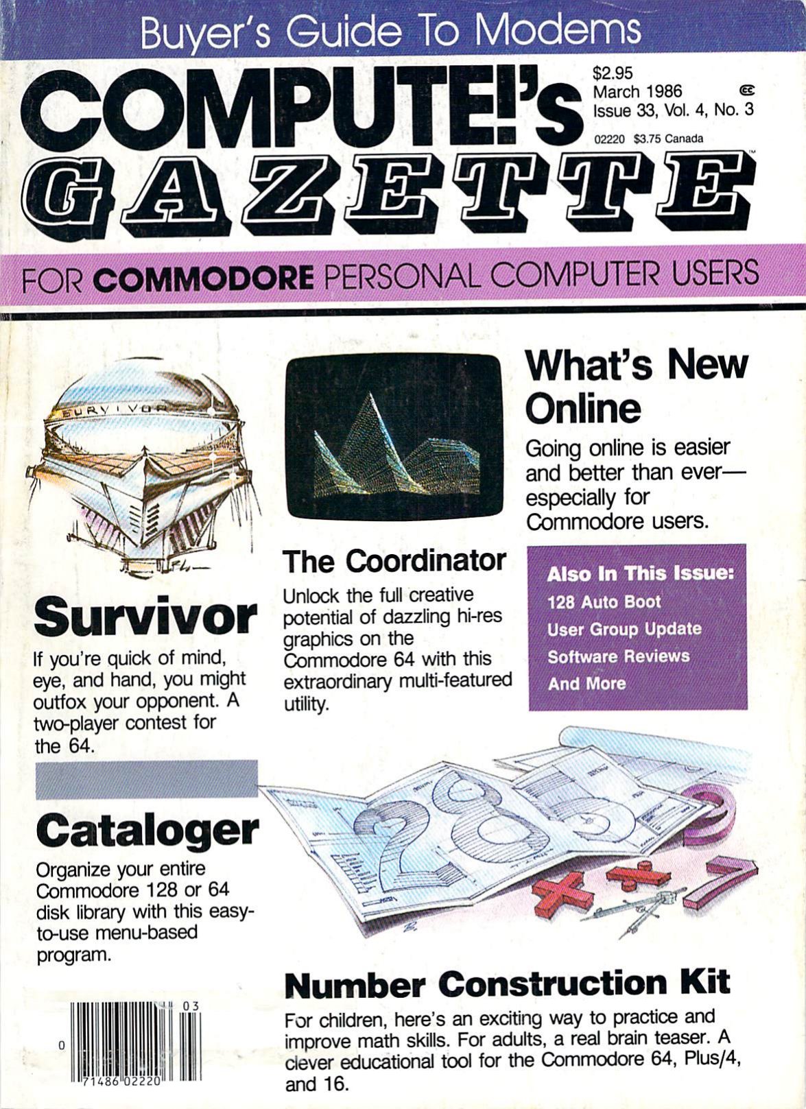 The cover of COMPUTE!’s Gazette, March 1986 (issue 33), with Survivor as the lead feature and a “Buyer’s Guide To Modems” banner across the top