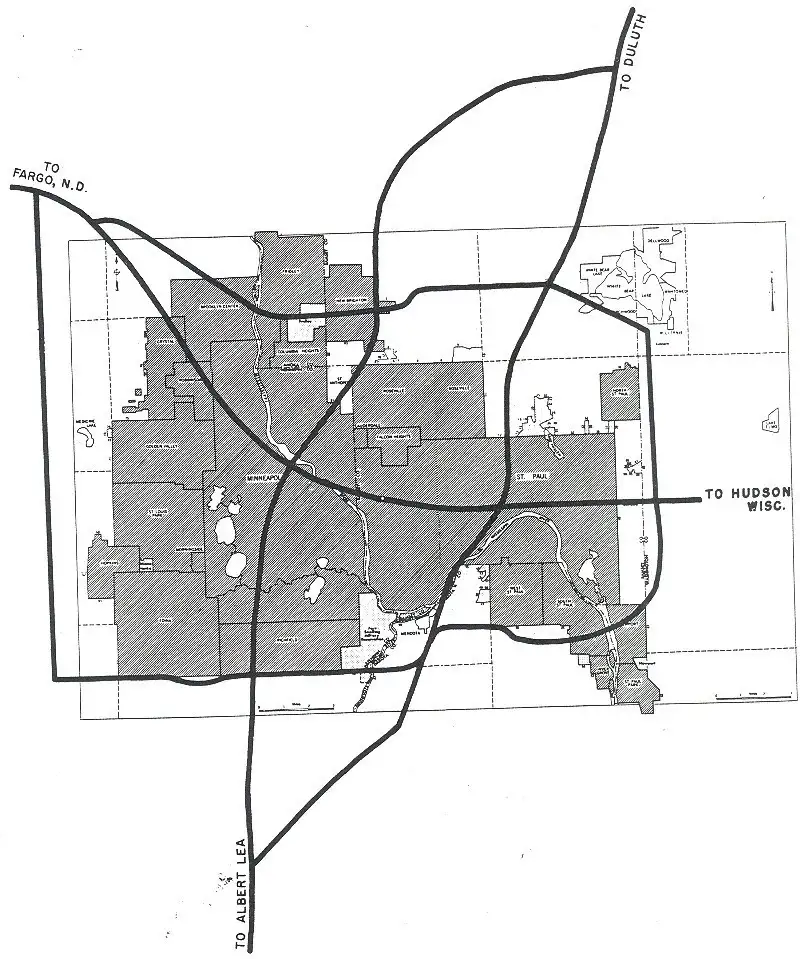 Close-up of highway plan for Minneapolis-St. Paul in the 1955 edition of the Yellow Book