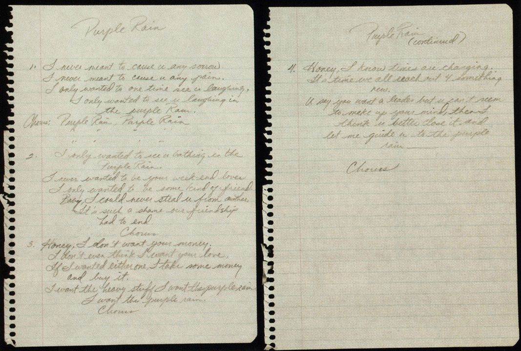 Prince’s original hand-written lyrics for Purple Rain, including the deleted third verse
