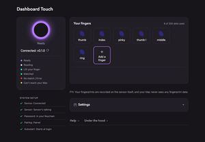 The Dashboard Touch helper page: a glowing purple ring showing the device is ready, a row of enrolled fingers, and a setup checklist with everything green.